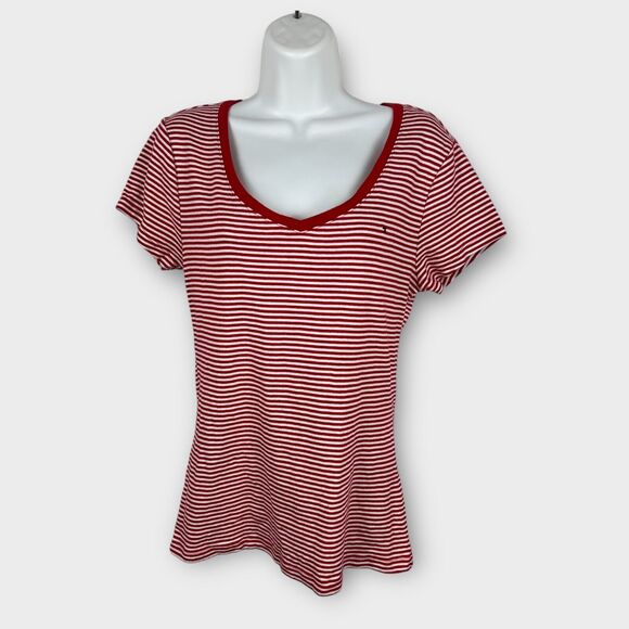 Tommy Hilfiger V-Neck Short Sleeve Red White Stripe T-shirt embroidered logo LG - Picture 1 of 6